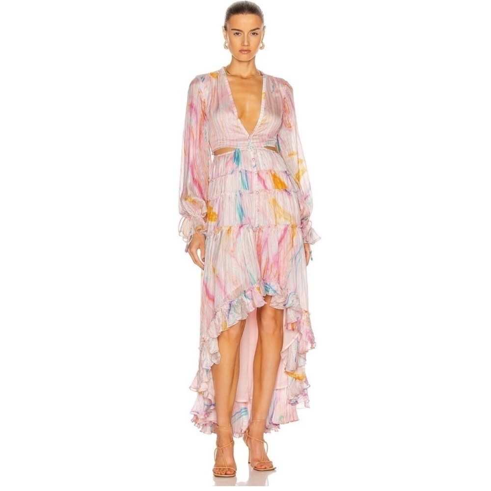 *NWT* Rococo Sand Pink Tie Dye Maxi Dress Silk Ruffle Cutout Boho | Size Small